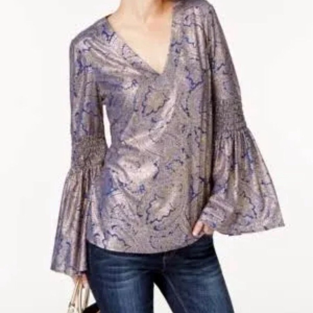 Michael Kors Royal Blue and Gold Bell Sleeve Blouse Top; Large; NEW